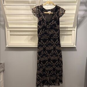 LOFT Black and Tan Floral Midi Dress